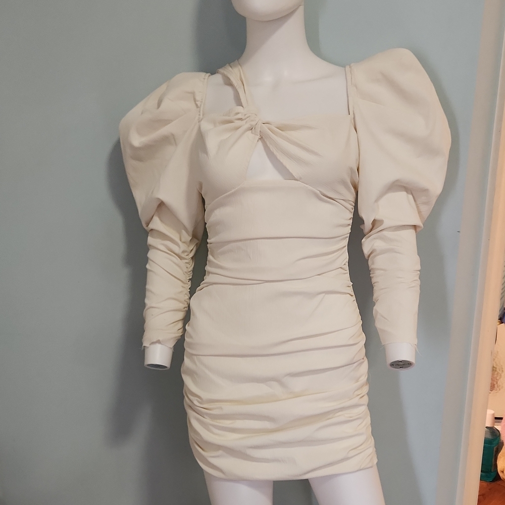 PrettyLittleThing Cream Puff-Sleeve Twist Front Mini Dress